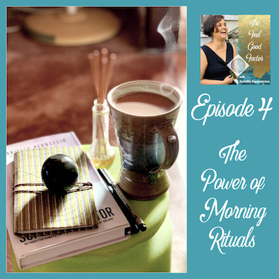 The Feel Good Factor Podcast with Susmitha Veganosaurus. The Power of Morning Rituals. Episode 4. Tall, steaming mug of tea, aroma diffuser, big hardback book, small notebook, labradorite crystal ball (one on top of another). Pens on the side. All on a small stool.