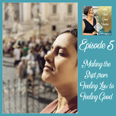 The Feel Good Factor Podcast with Susmitha Veganosaurus. Episode 5. Making the Shift from Feeling Low to Feeling Good. Susmitha's face, side view. Eyes closed. Face tilted upwards. Looking calm and peaceful. Sunlight on face. Blurred background with crowd in the distance.
