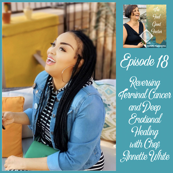 Annette White, afro american woman, chef. Side view of her sitting, looking up and laughing. The Feel Good Factor with Susmitha Veganosaurus. Episode 18. Reversing Terminal Cancer and Deep Emotional Healing with Chef Annette White.