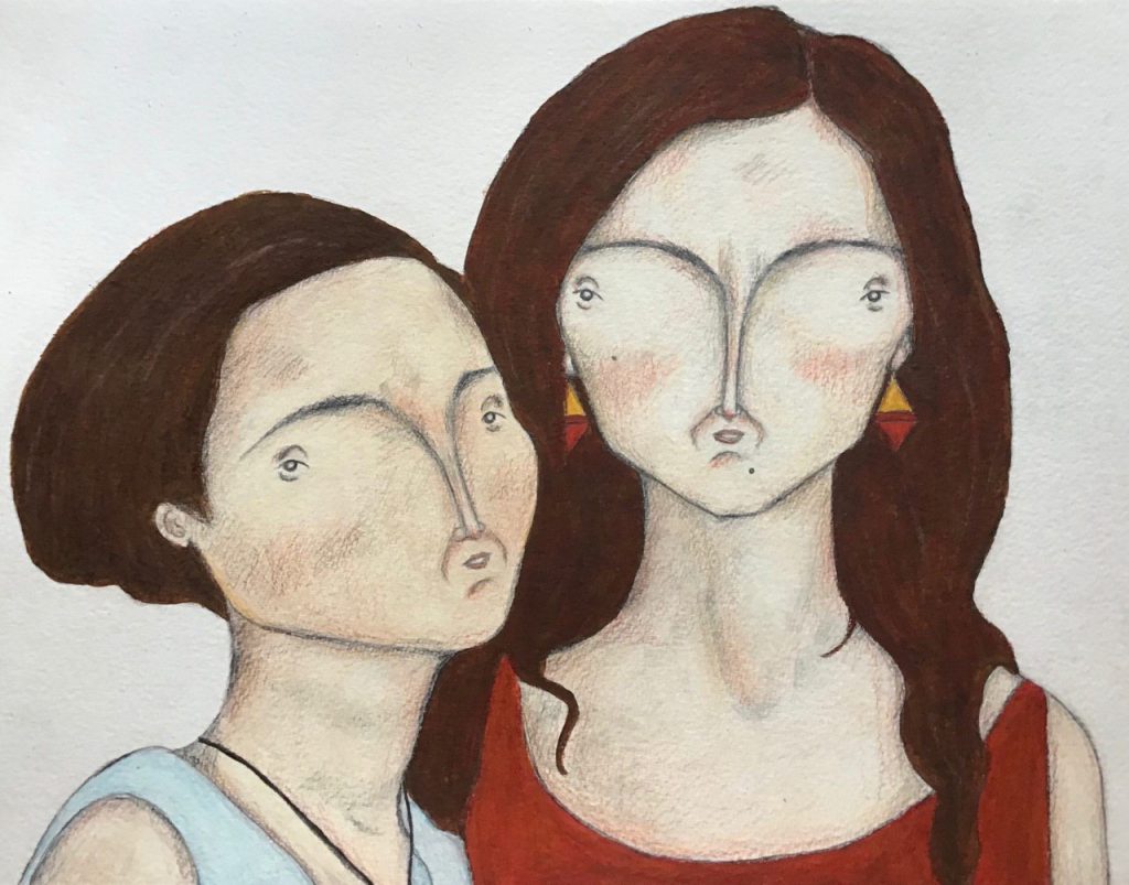 Illustration by Anna di Fiori. Based on the photograph of Susmitha and Anna together when they met at Naples in June 2019. Close up of both women looking at the camera and smiling.