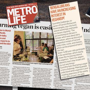 Indian Vegan Chefs Susmitha and Ram teaching a cooking class. Featured in DH Metrolife in November 2019
