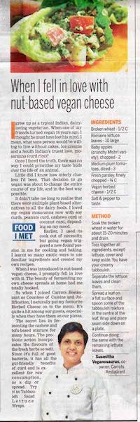 Article in The New Indian Express newspaper by Chef Susmitha Veganosaurus