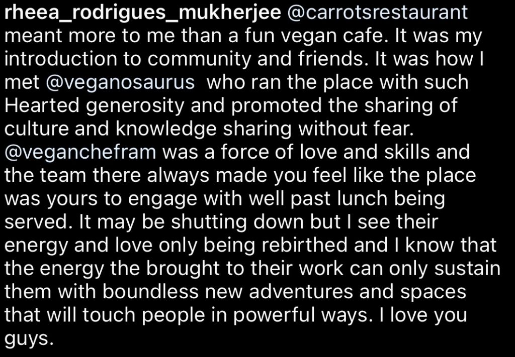 Heartfelt post by Rheea about the closure of Carrots Restaurant