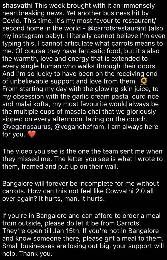 Shasvathi talks about what Carrots Restaurant has meant to her and her connection and love for the team.