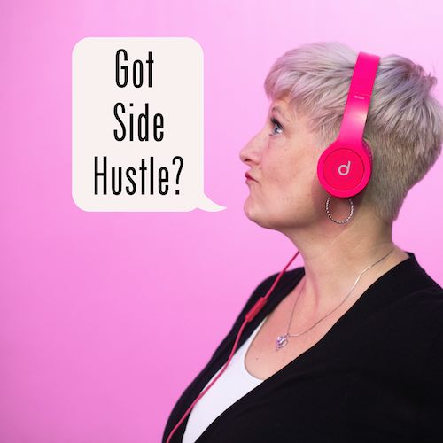 Profile shot of Kris McPeak looking up with a voice bubble that says, "Got Side Hustle?"