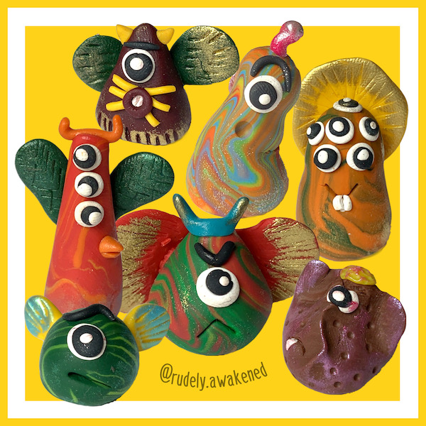 Group of seven small clay imaginary characters. Text: @rudely.awakened