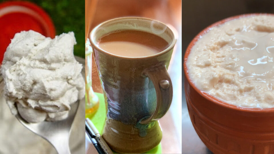 Collage of close-ups of different dairy alternatives. Cashew cheese, vegan masala chai, peanut curds.