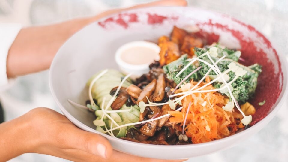 Hands holding a bowl of delicious wholesome vegan food.