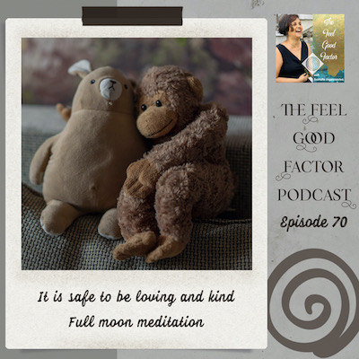 Photo of stuffed teddy and chimp cuddling each other. Text: The feel good factor episode 70. It is safe to be loving and kind. Full moon meditation.