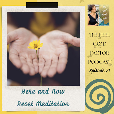 Photo: Close up of palms facing upwards, gently holding up a yellow flower. Text: The feel good factor podcast, episode 71. Here and Now (present moment). Reset Meditation.