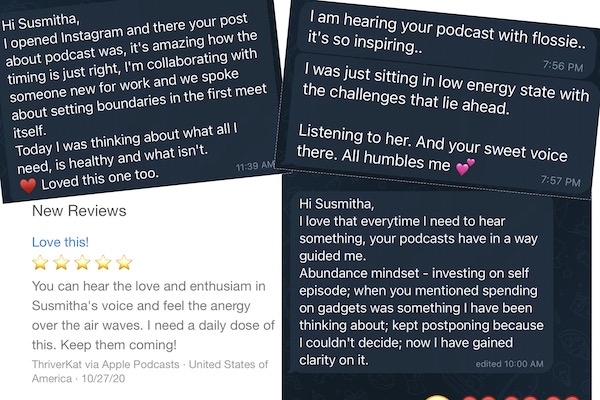 Screenshot collage of testimonials, and messages about The Feel Good Factor podcast episodes.