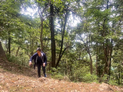 One lonely girl wearing dungarees, trudging uphill on a steep path.