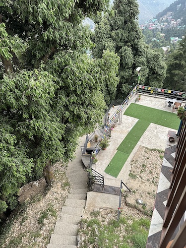 View from the top, looking down at the many, many steps to reach The Unmad, Dharamkot.