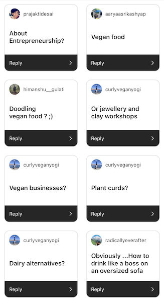 Instagram story responses to the question about what workshop I'll be teaching. There were a lot of guesses, but no one responded correctly – Manifest Your Most Fulfilling Life workshop.