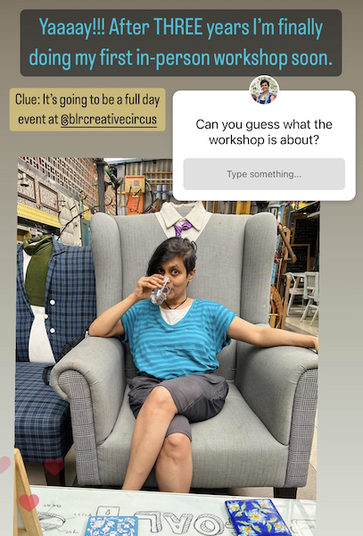 Screenshot of story on @veganosaurus Instagram about what the workshop will be about. Photo of Susmitha, short haired I'dian lady, wearing capri pants and stripes blue tee. Sitting like a boss on an artistic, large single person sofa. Sipping on a glass of water. Looking at the camera with eyebrows raised.