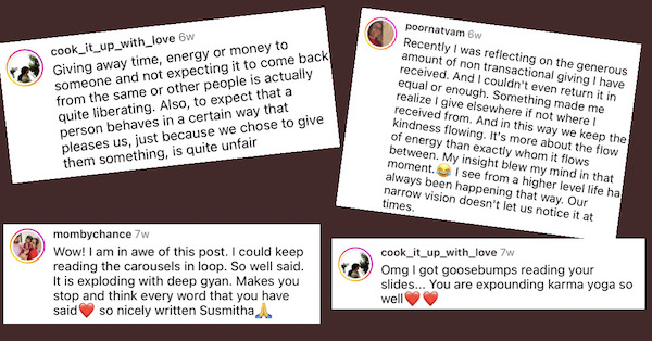 Screenshots of Instagram comments on post about why to give without expectation and obligation.