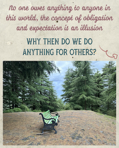 Photo of empty, green park bench in a quiet wooded area. Text: No one owes anything to anyone in this world, the concept of obligation and expectation is an illusion. Why then do we do anything for others?