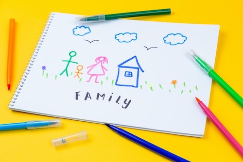 Colourful childish doodle of family, home, clouds, and grass on a white sheet of paper on a yellow background. Sketch pens scattered around it. Mediocrity is underrated.