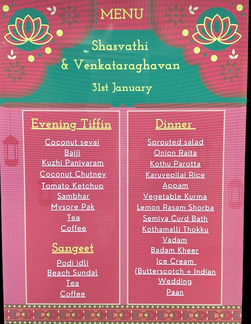 Vegan tiffin, tea and dinner menu catered by Vijay Sweets, The Green Rabbit. Shasvathi vegan wedding.