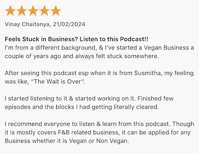 Apple Podcasts testimonial for Vegan Business and Marketing Tips podcast. Overcome self-doubt.