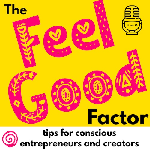 Logo of The Feel Good Factor podcast with Susmitha Veganosaurus. Bright pink and happy yellow. Mindfulness and joyfulness tips for entrepreneurs and content creators.
