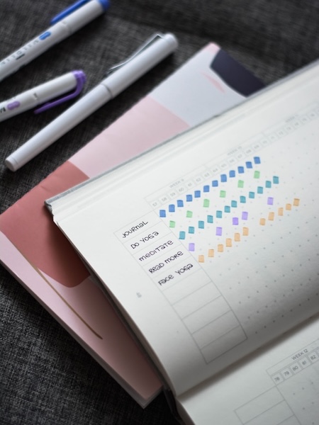 Habit tracker notebook open with pens around it.