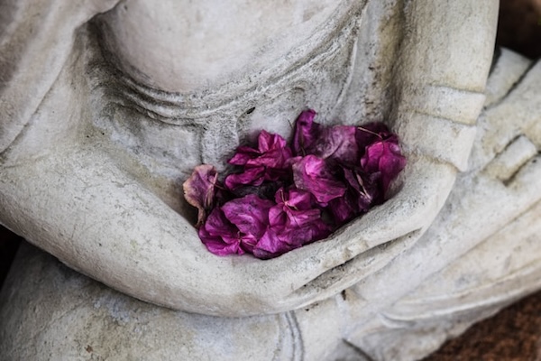 Close up of palms of a stone statue in a meditative posture of receiving. Pink flowers gathered into the palms.