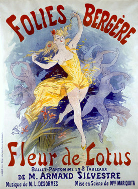 Image of artwork titled “Folies Bergères, Fleur de Lotus”. Created by Jules Chéret in 1893. It belongs to the Art Nouveau (Modern) movement and falls under the genre of a poster. The artwork depicts a colourful and dynamic scene, characteristic of Jules Chéret’s style. It prominently features a joyful dancer in a flowing yellow costume, presumably performing a ballet-pantomime. The background bursts with vibrant shades of blue and lavender, adding a lively atmosphere to the composition. The typography is bold, with the title “Folies Bergère” and “Fleur de Lotus” displayed at the top and bottom, respectively, in striking red letters. Additional text provides information about the performance, including the involvement of M. Armand Silvestre, M. L. Desormes, and Mme Marquita. The artwork embodies the essence of the Art Nouveau movement, combining artistic flourishes with an advertisement’s practical elements.