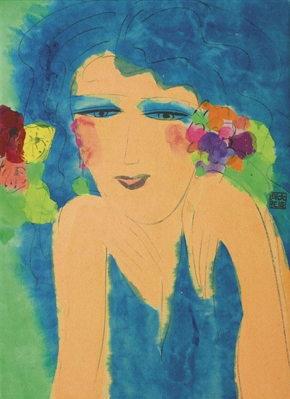 Image of artwork titled “Smiling Lady”. It's a creation of Walasse Ting, an artist associated with the Naïve Art (Primitivism) and Pop Art movements. This piece belongs to the figurative genre, highlighting its representational nature. In the artwork, the focal point is a female figure with a serene, thoughtful expression. The artist employs a vivid and expressive colour palette, predominantly using shades of blue and vibrant accents of green, red, and purple. The lady’s face is delicately blushed with pink, and her eyes are accentuated with bold blue to emphasise her calm demeanour. Flowers are present in her hair, adding a whimsical and natural element to the composition. The use of large, flat areas of colour alongside simple, yet emotive line work contributes to the distinctive style, characteristic of Ting’s artistic approach. The overall effect is one of a joyful and peaceful moment captured through the lens of Naïve Art and Pop Art sensibilities.