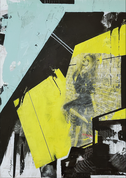 Acrylic, Collage on Canvas artwork of woman in an urban setting soaking up sunlight. An easy morning habit.