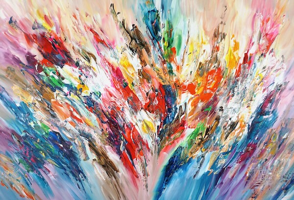 Abstract painting with lots of gorgeous colours splashed in an upward movement.