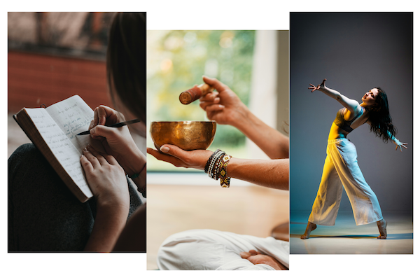 Collage of some practices we cover in Tap into Flow, a workshop by Ekta Minocha and Susmitha Veganosaurus at Beku Cafe, Bangalore